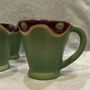 Vintage Cyclamen Pottery Coffee Mugs Green , Purple and Natural Colors Set of 4